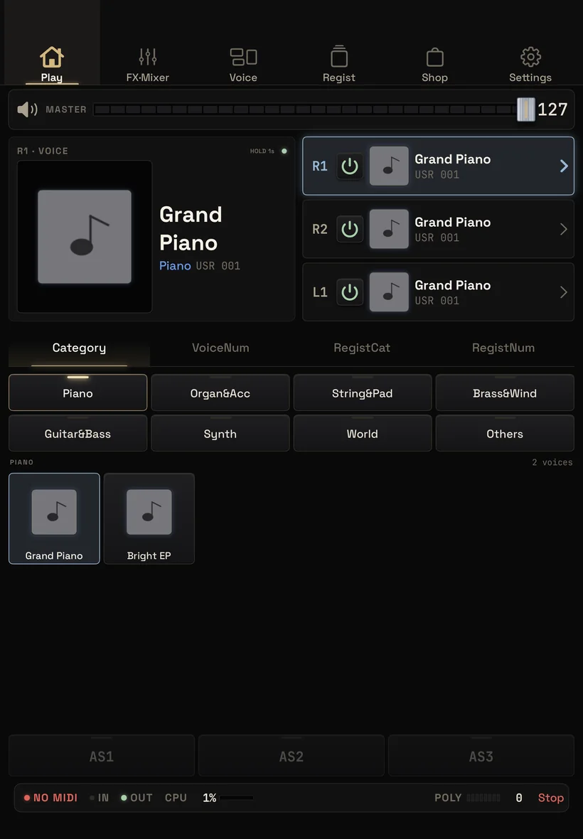 PSampler trên iPad: chọn tiếng theo 8 nhóm, nhóm Piano đang mở