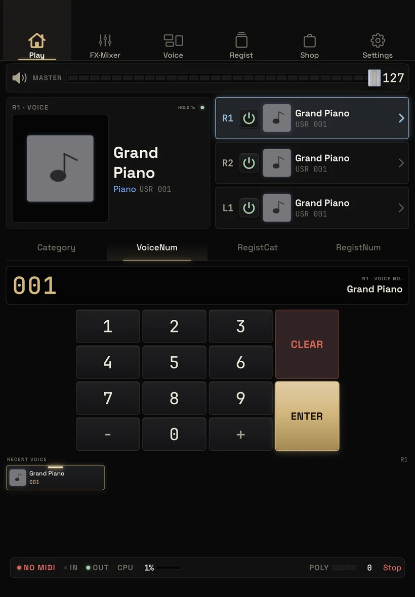 PSampler trên iPad: chọn tiếng số 001 Grand Piano bằng bàn phím số