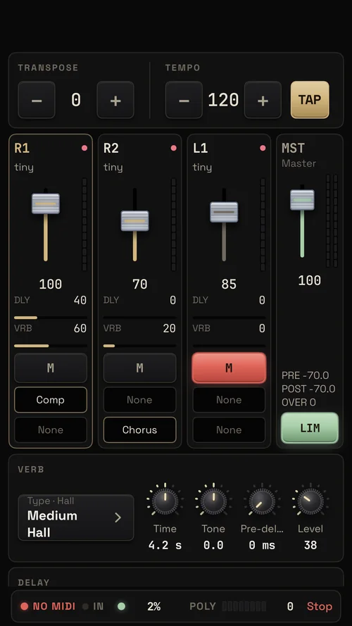 Màn FX Mixer của PSampler: fader R1, R2, L1, Master, reverb và delay