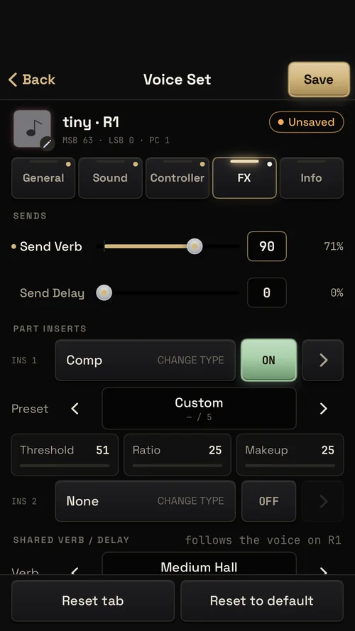 Màn Voice Set của PSampler: chỉnh send reverb, delay và hiệu ứng Comp cho part R1